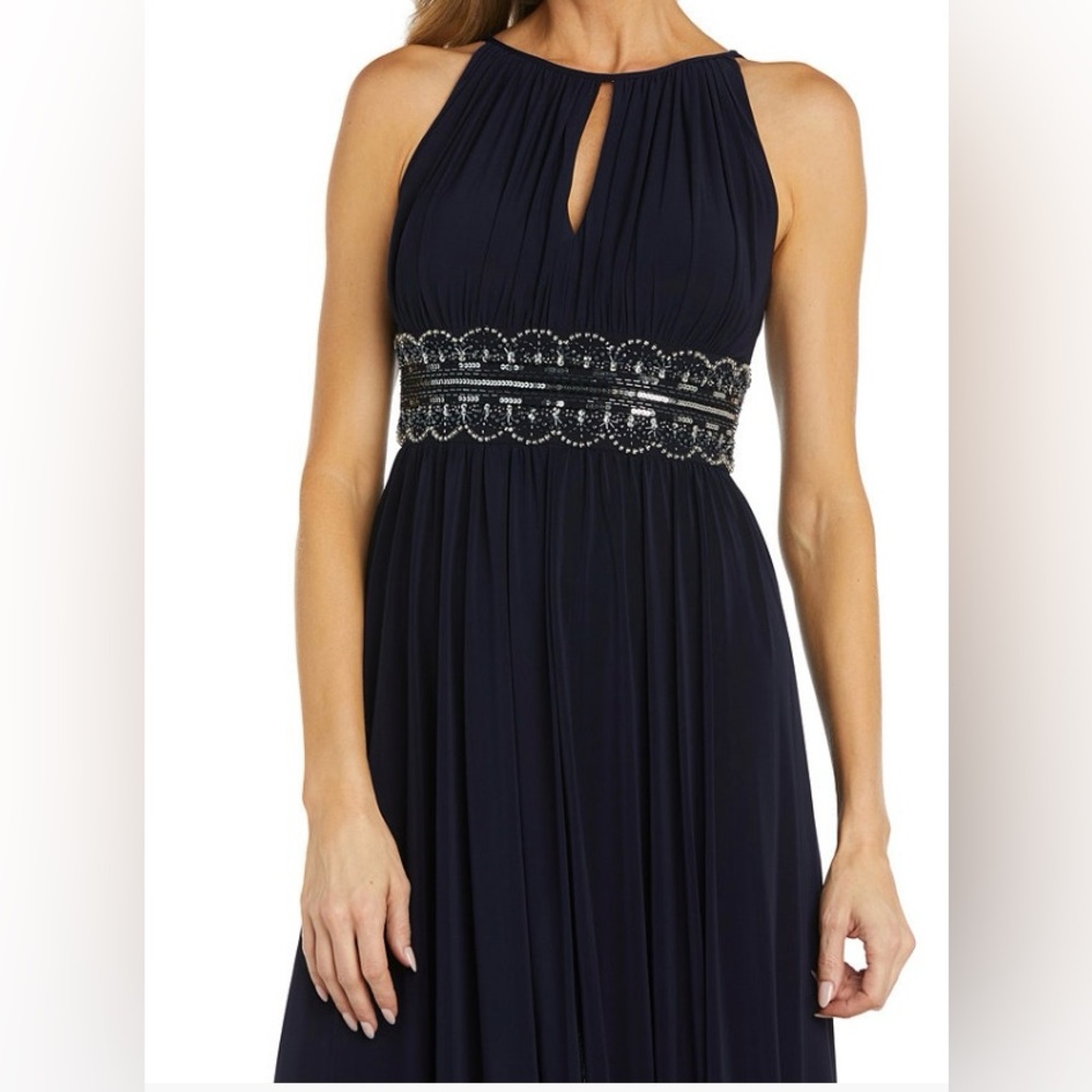 R & M Richards maxi dress Black formal Dress with Embellished Waist band new